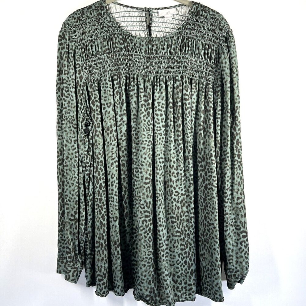 J Jill Top Women's Top L Green Black Animal Long Sleeve Smocked Boho Relaxed Fit